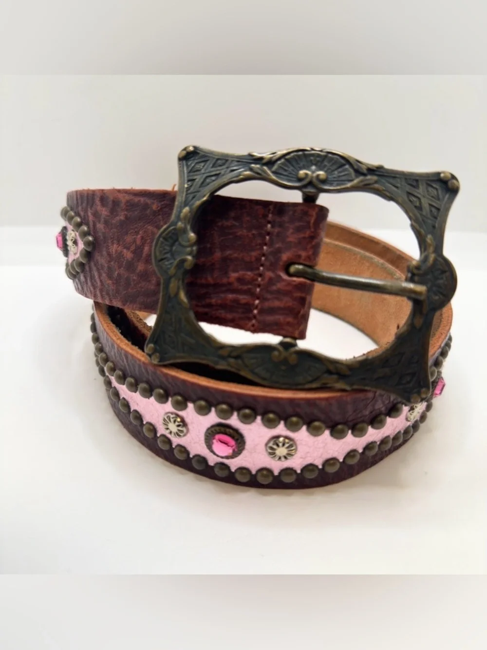 Streets Ahead Women’s Brown Studded Rhinestones Boho Belt Leather Medium